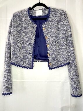 Rachel Parcell Blue Tweed Cropped Jacket – Scalloped Trim, Gold Buttons – Size M